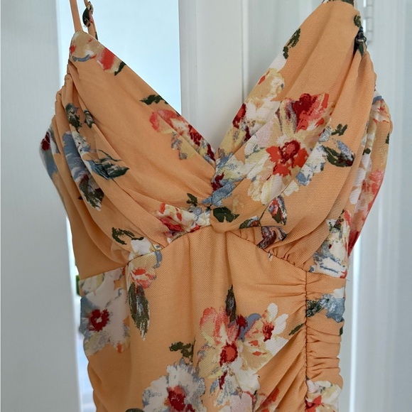 Springtime Bliss Orange Floral Print Mesh Bodycon Mini Dress - Picture 7 of 7